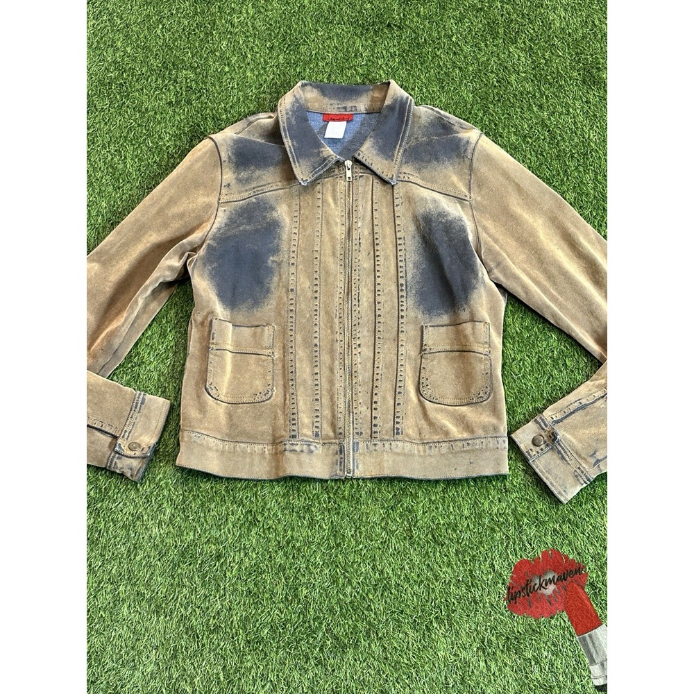 Vintage Y2K Denim Jacket Women Large Tan Blue Ombré Faded Indie Bratz‎ Identity